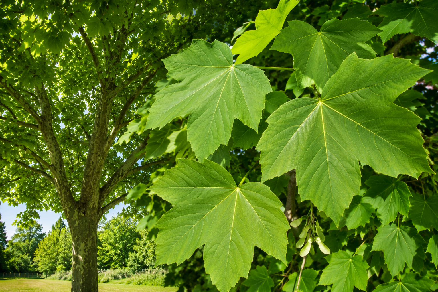 Sycamore trees boast large, five-lobed leaves that resemble those of a maple, providing a lush, green canopy